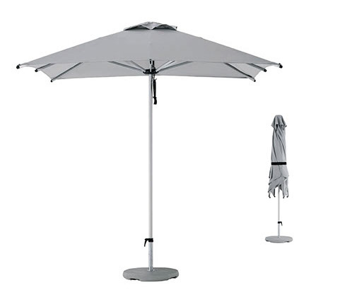 Parasol ouvert et fermé sur fond banc - Pied droit  - modèle Corona